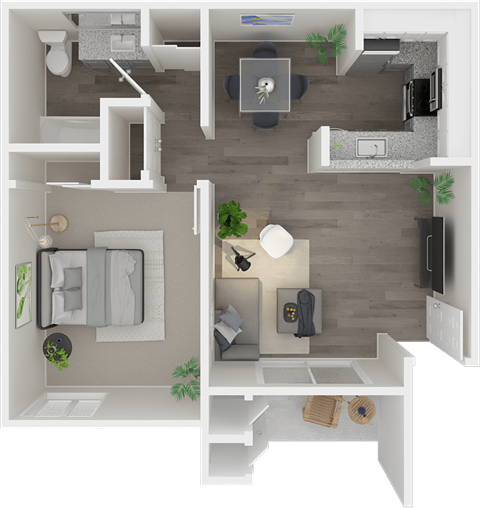 Floor plan for 1 bed, 1 bath, 671 sqft